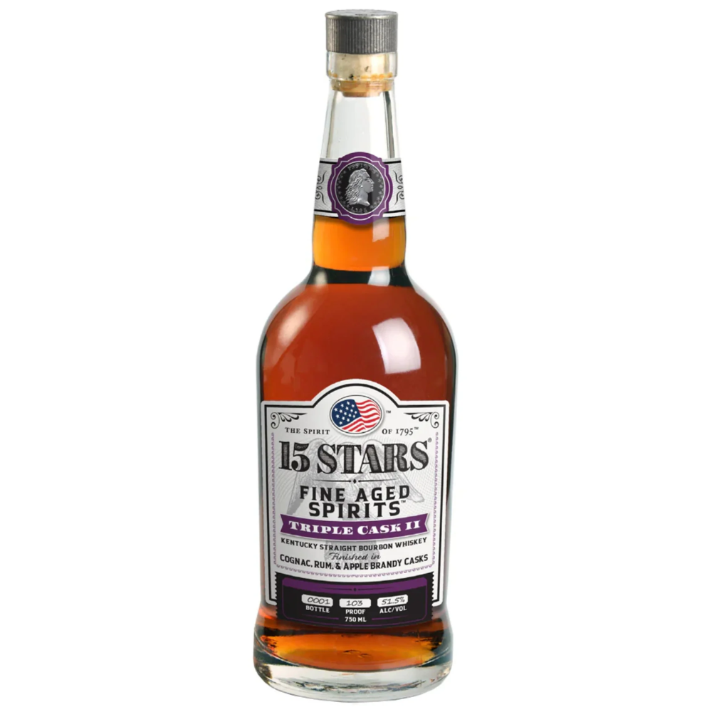 15 Stars Triple Cask II Finished In Cognac Rum & Apple Brandy Fine Aged Kentucky Straight Bourbon Whiskey 750ml